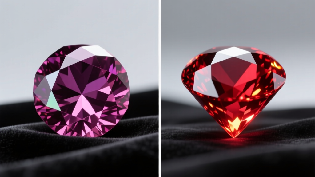 Side-by-side comparison of a faceted rhodolite garnet and a natural ruby, showing differences in refractive index and color depth.