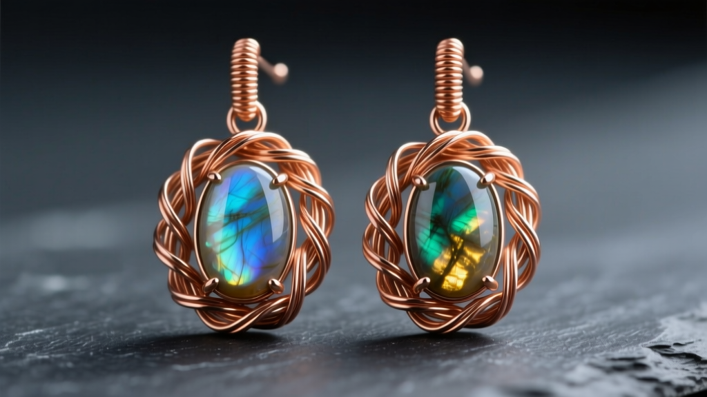 Close-up of 24-gauge copper wire wrap earrings holding a labradorite cabochon on dark slate, soft lighting on the metallic weave.