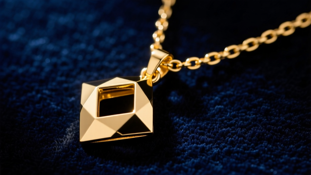 Macro shot of a 14k yellow gold paperclip chain necklace with a heavy geometric pendant, studio lighting on dark velvet background