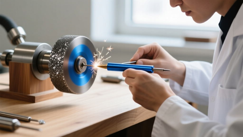 Jeweler using a diamond wheel to sharpen a blue tungsten electrode for a permanent jewelry micro-welder on a clean wood workbench