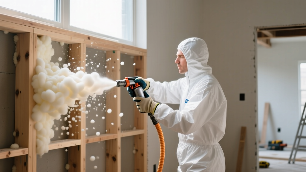 Professional installer in white Tyvek suit applying closed-cell spray foam to an open wood-framed wall cavity using a heated hose