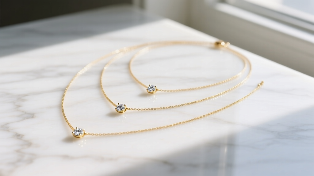 Flat lay of three layered dainty gold necklaces of varying lengths with small solitaire pendants on a white marble surface.