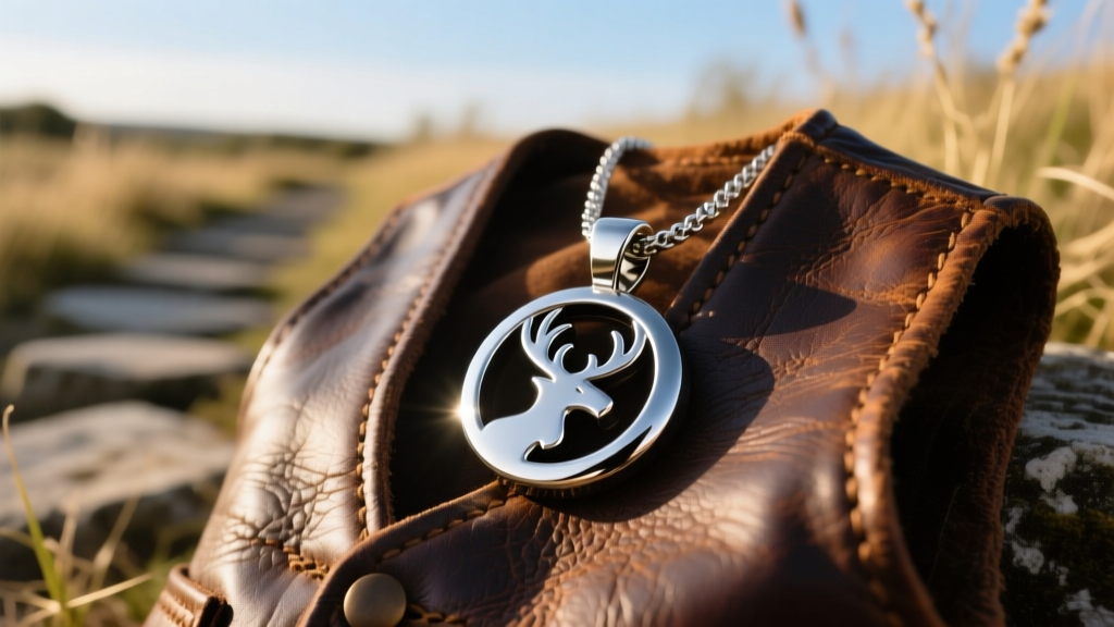 Close-up of a polished 316L stainless steel Browning Buckmark logo pendant resting on a weathered leather vest, outdoors