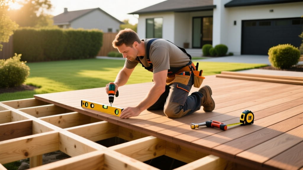 Carpenters installing composite decking boards on a newly framed pressure-treated wood substructure in a sunny suburban backyard