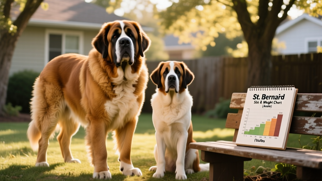 An adult male and female St. Bernard standing side by side, illustrating typical size difference between genders