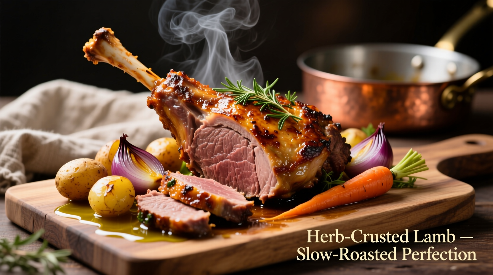 Perfectly roasted leg of lamb with herb crust and vegetables