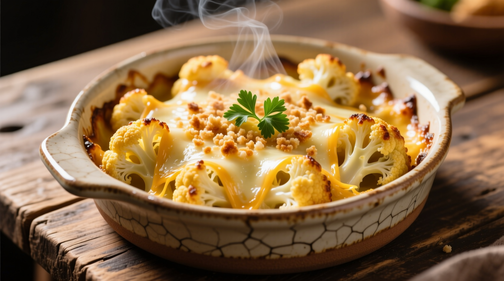 Golden cheesy cauliflower bake in ceramic dish