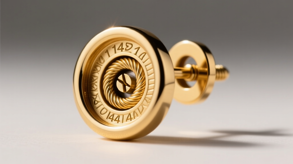 Macro photo of a 14k gold button earring showing the internal threading mechanism and a secure screw-back clutch in sharp focus.