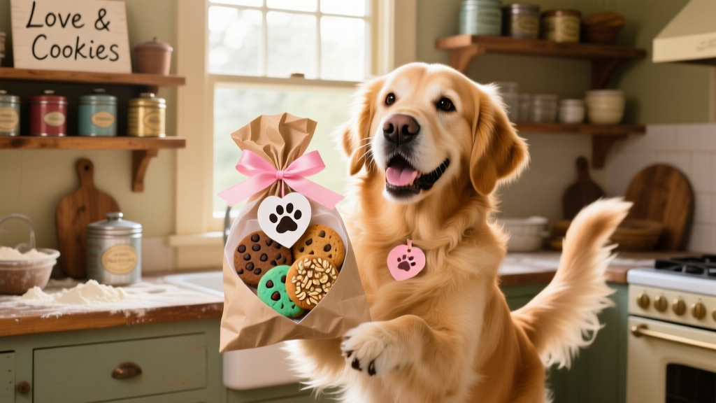 A cheerful dog holding a heart-shaped cookie gram bag tied with pink ribbon