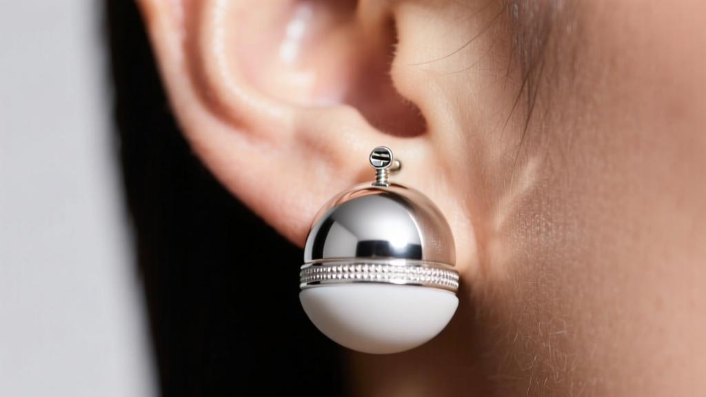 Close-up of a heavy solid silver dome earring secured on an earlobe with a threaded screw-back post and a wide silicone clutch