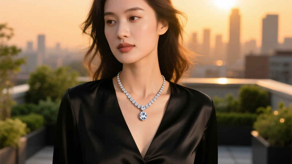 Close-up of a woman wearing an 18-inch princess length diamond pendant over a black V-neck silk blouse, warm golden hour light.