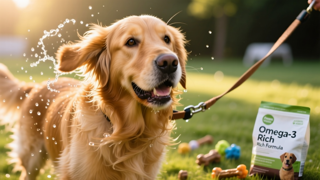 Close-up of a shiny-coated golden retriever gently shaking water off its fur
