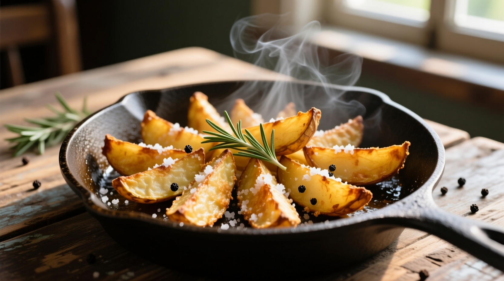 Golden brown potato wedges with crispy edges
