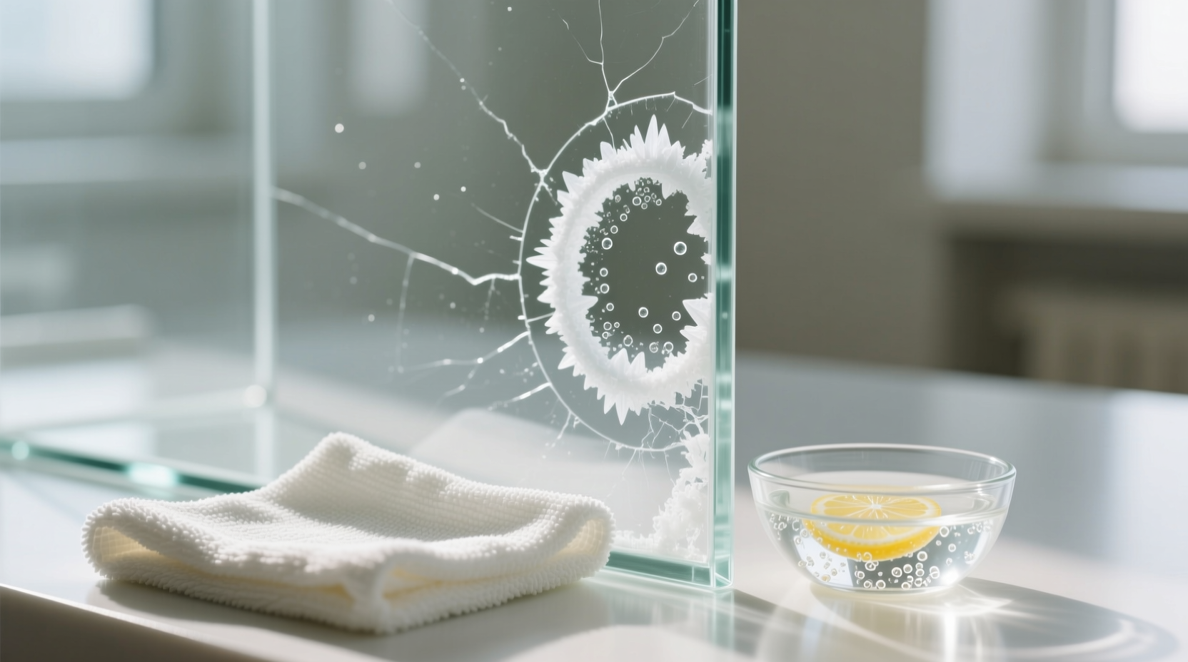 Close-up of a clean, streak-free glass terrarium wall beside a treated section showing dissolved white mineral rings, with microfiber cloths and a small glass bowl containing clear citric acid solution