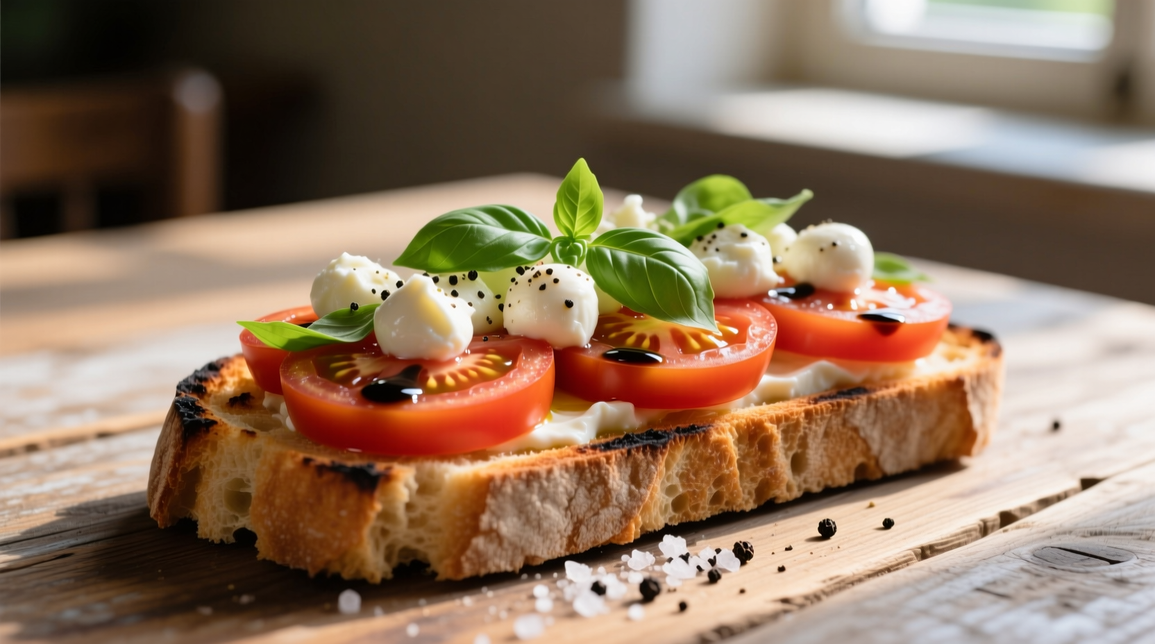 Fresh tomato and mozzarella bruschetta on rustic bread