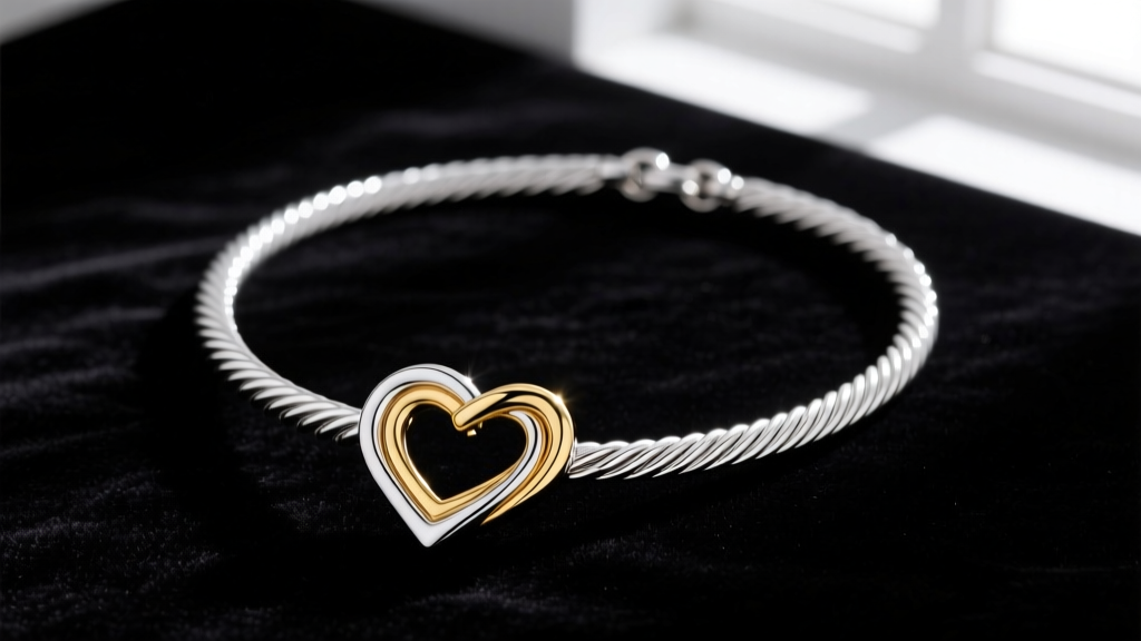 Sterling silver and 18k gold Yurman heart necklace on dark velvet, highlighting the twisted cable chain and polished metal finish.