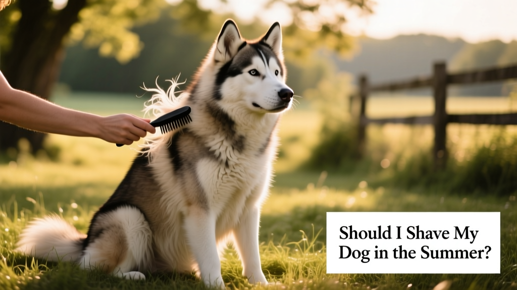 A Siberian Husky sitting calmly while being gently brushed outdoors, with loose undercoat visibly lifting away from the skin