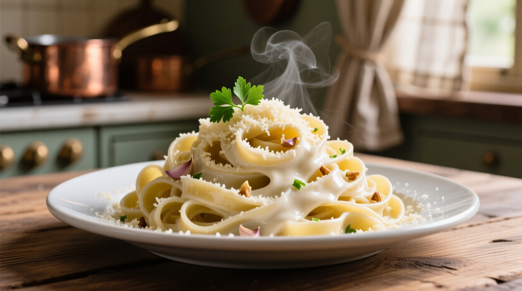 Creamy fettuccine pasta with garlic and parmesan