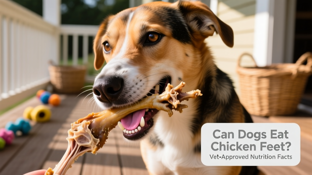 Dog gently chewing on a dried chicken foot, close-up showing teeth and jaw movement
