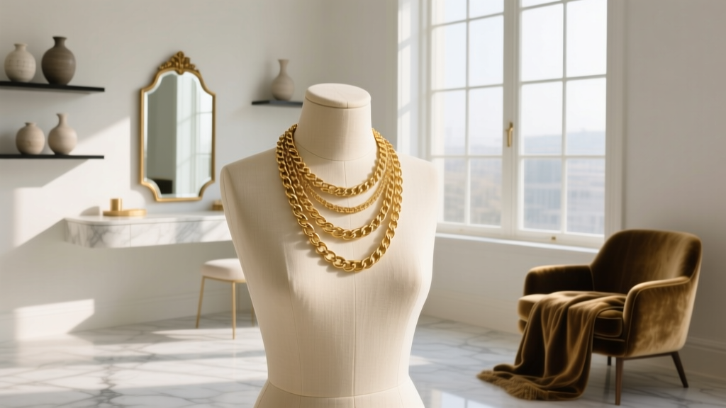 Cream linen mannequin jewelry holder bust displaying a layered gold chain necklace in a bright, sunlit vanity room with soft shadows