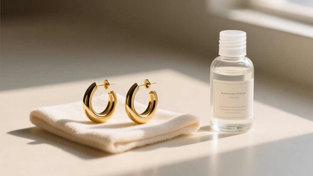 Gold filled hoop earrings resting on a microfiber polishing cloth beside a small glass bottle of gentle liquid jewelry cleaner.