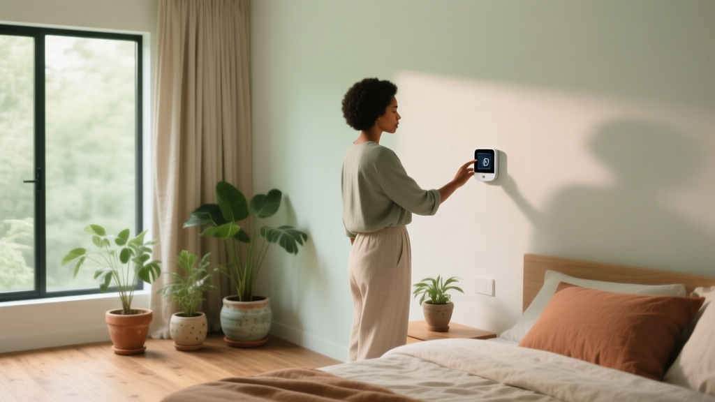 A person adjusting a smart thermostat on the wall of a modern, sustainably furnished bedroom with natural linen bedding.