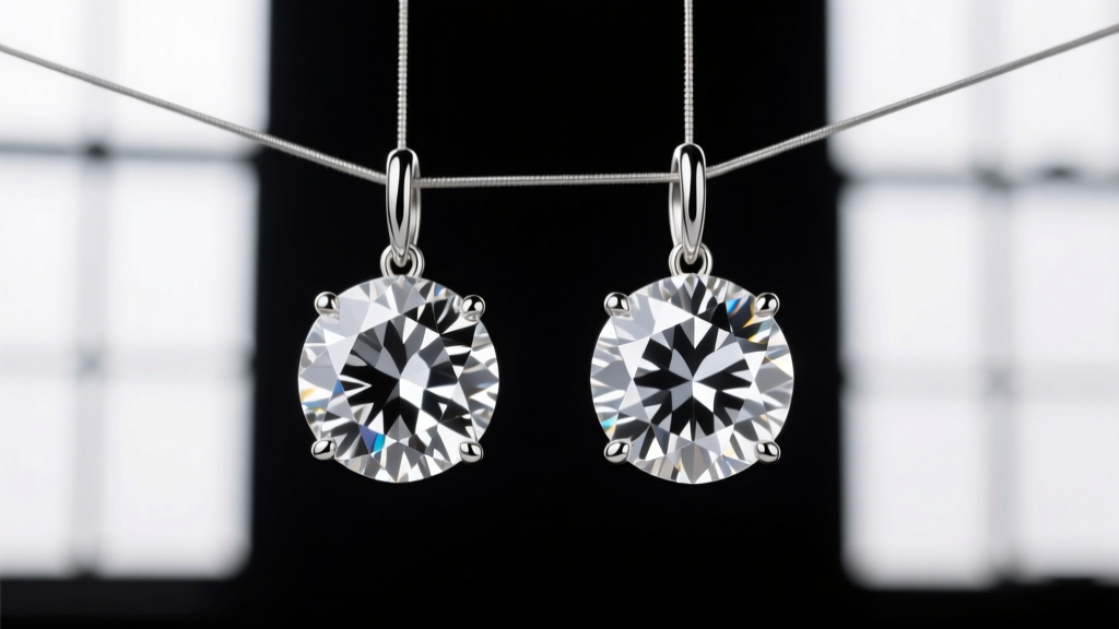 Macro shot comparing a natural mined diamond and a lab-grown diamond earring side-by-side, showing identical facet reflections.