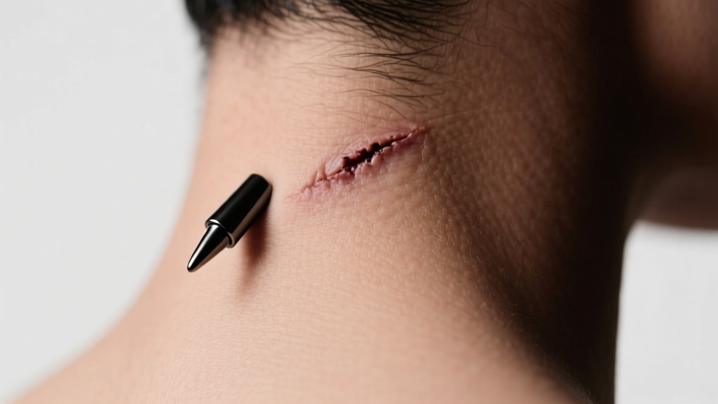 Close-up of a healed surface bar piercing on the nape of the neck, featuring matte black titanium ends under soft studio light