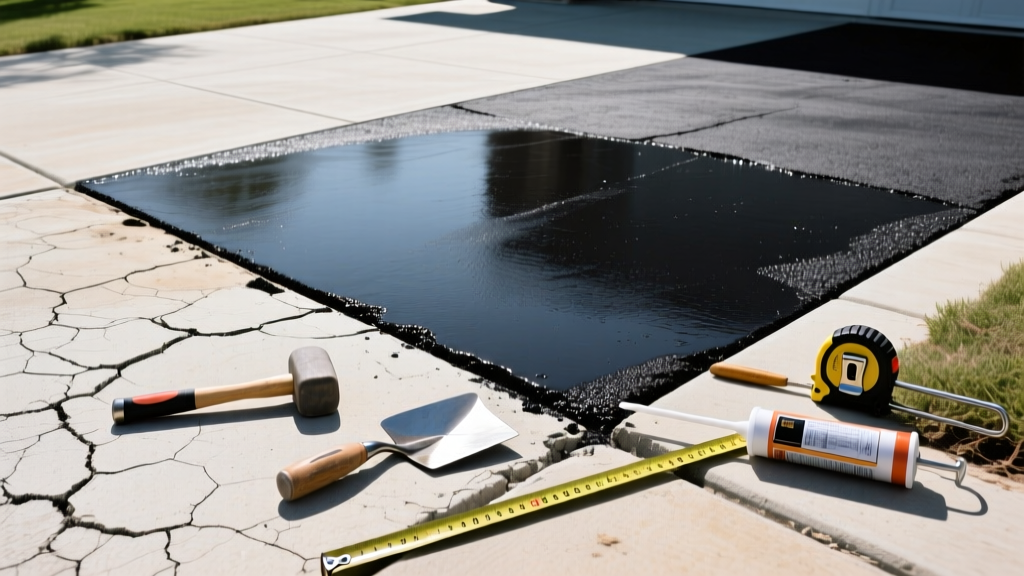 Cracked concrete driveway meeting fresh black asphalt, showing sealant, repair tools, and a measuring tape in bright sunlight.