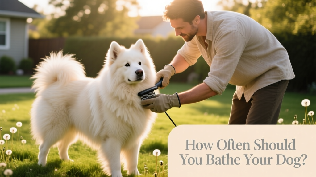 A groomer carefully brushing a fluffy double-coated dog outdoors
