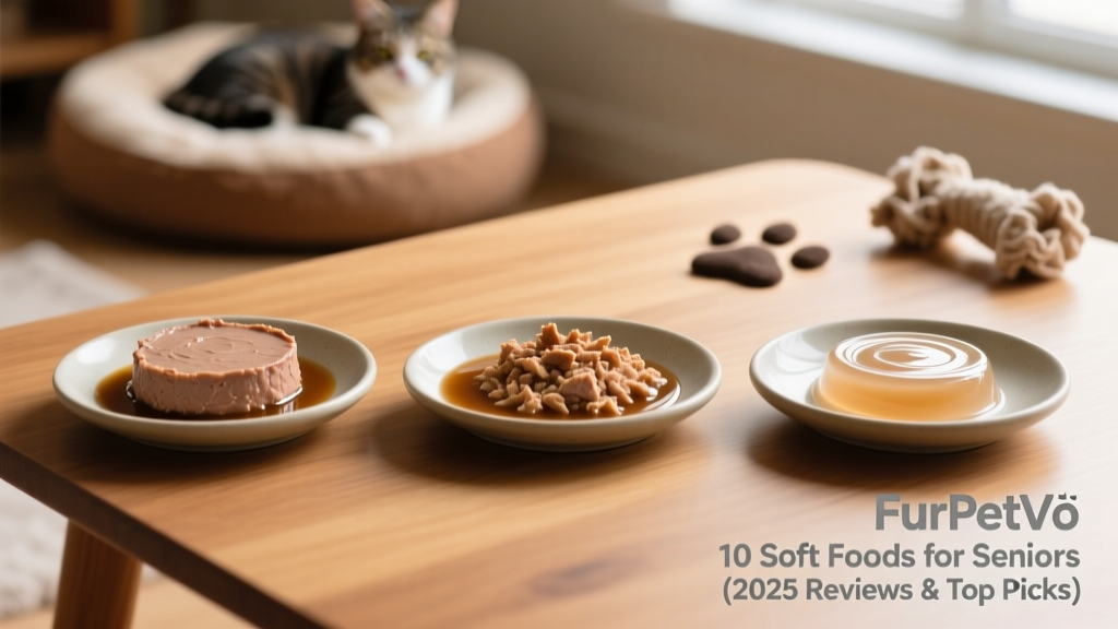 Side-by-side comparison of three FurPetVo soft food textures: pâté, flaked-in-gravy, and gel food in shallow dishes