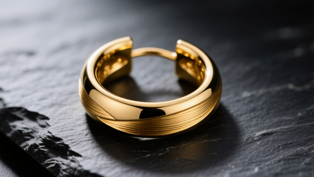 Close-up of a thick 14k yellow gold band hoop earring on dark slate, soft lighting highlighting polished metal grain.