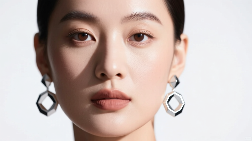 Close-up portrait of a woman with a round face shape wearing medium sterling silver hexagon drop earrings, studio lighting setup.