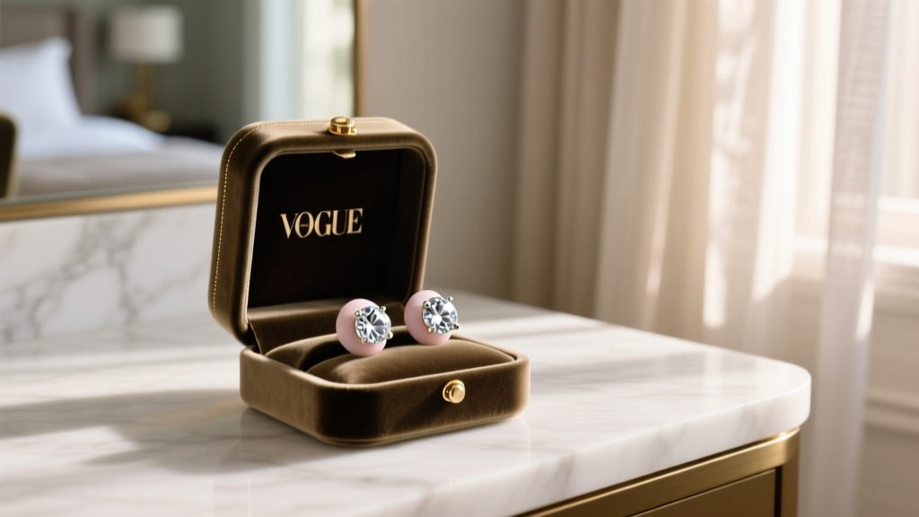 Open velvet box on marble vanity displaying diamond studs with oversized silicone push-backs under soft warm morning light.