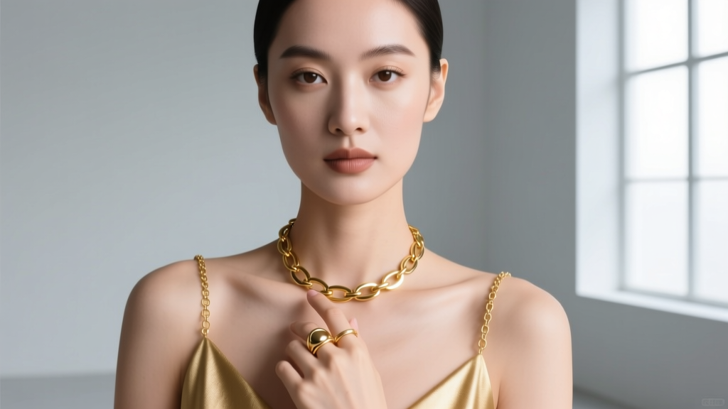 Woman wearing a gold five finger necklace chain harness, highlighting the connected ring on her index finger in soft natural light