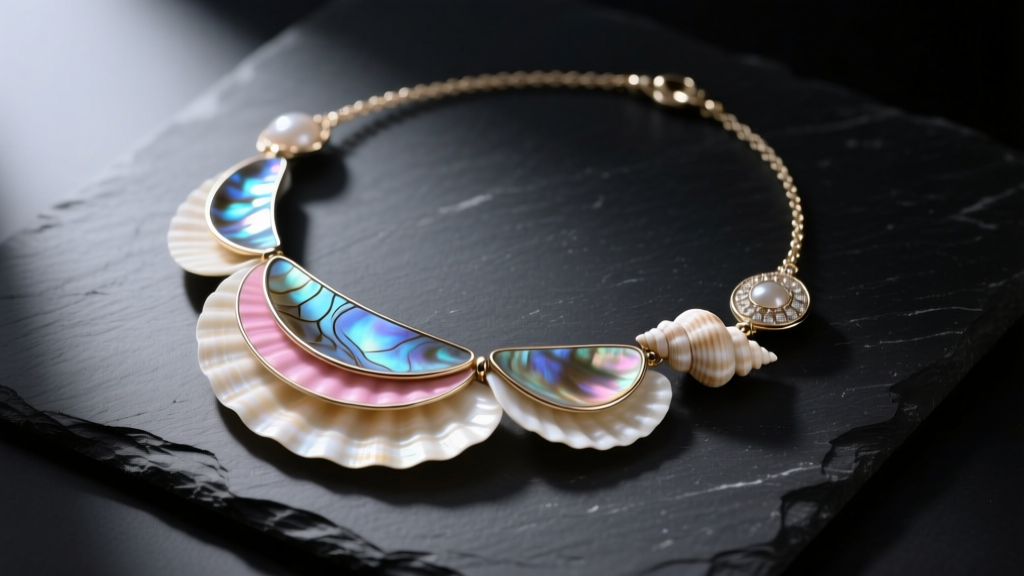 Flat lay of one finished layered shell necklace featuring abalone and conch pendants on dark slate with soft directional sunlight.