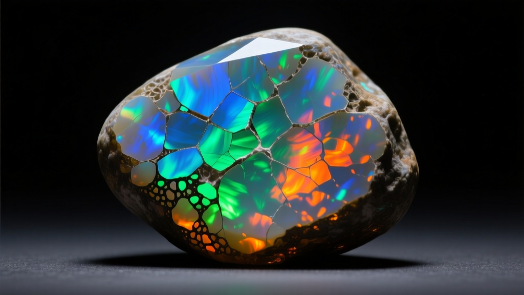 Extreme close-up of a natural boulder opal displaying vibrant play-of-color with visible micro-fractures under harsh lab lighting