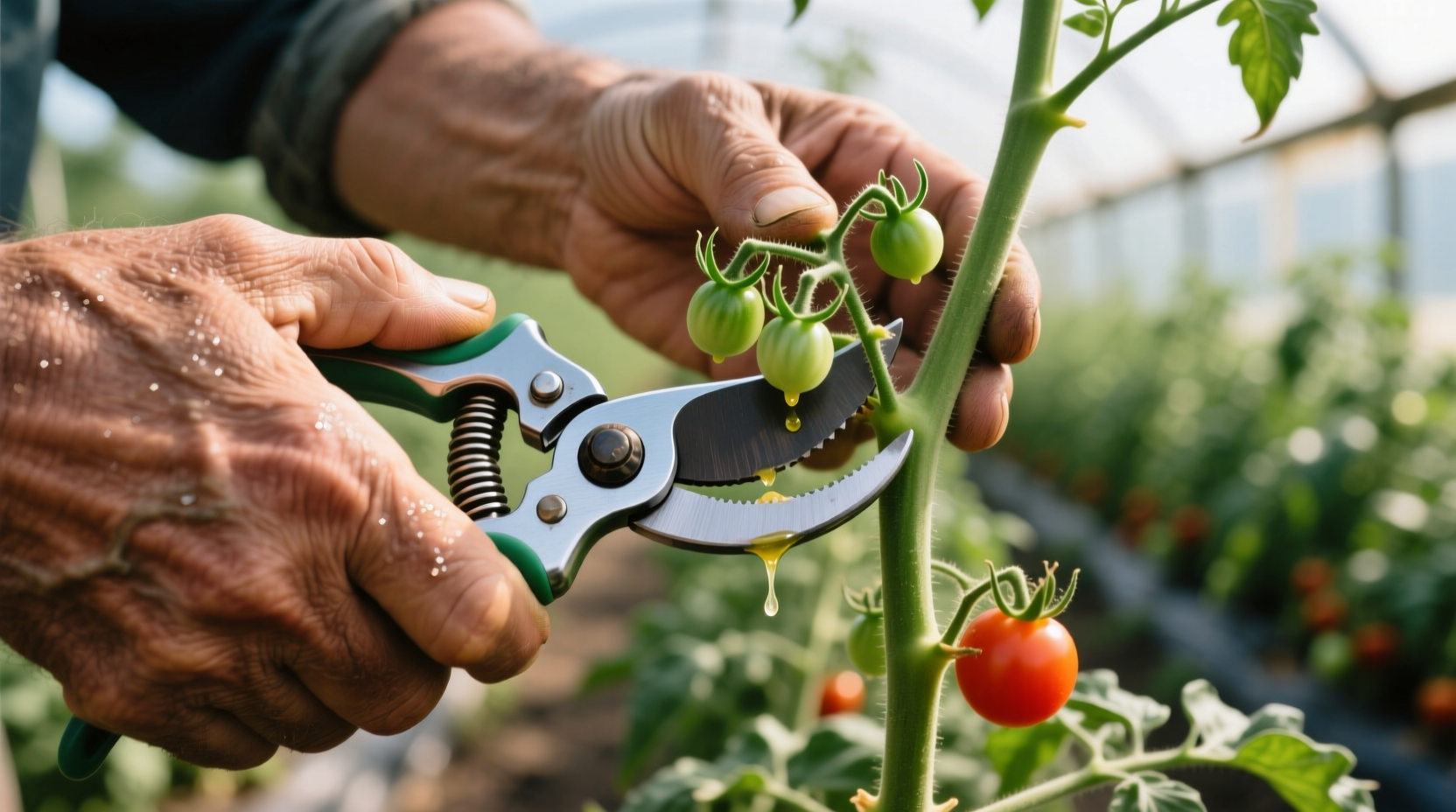 Close-up of hand pruning cherry tomato suckers with bypass pruners