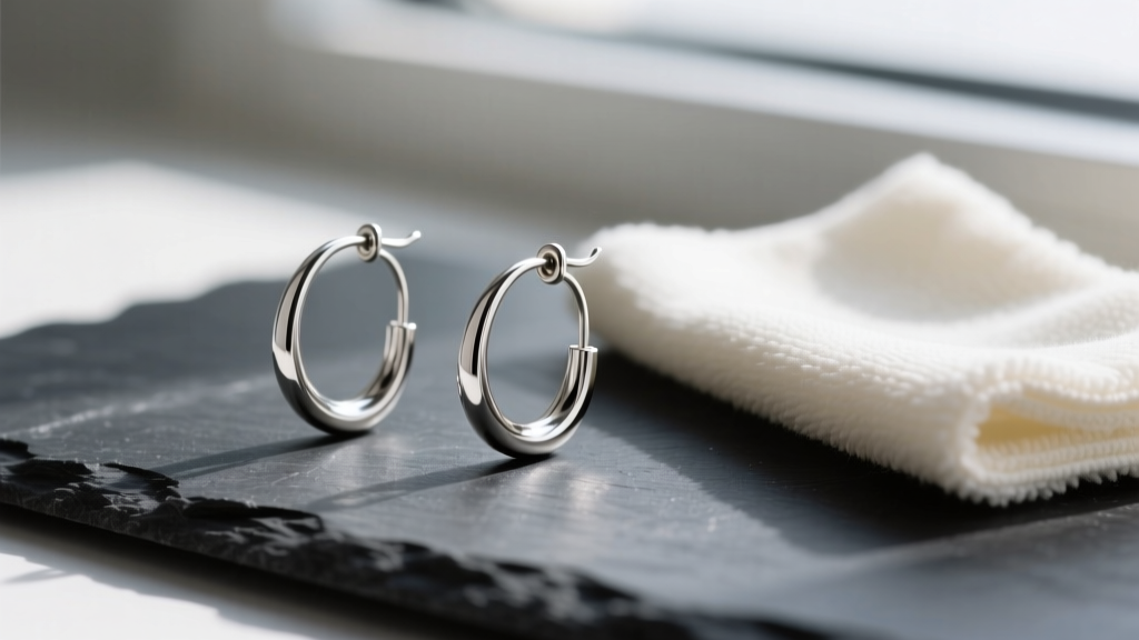 Macro shot of 20-gauge silver-plated French wire earring hooks on dark slate next to a soft microfiber jewelry polishing cloth