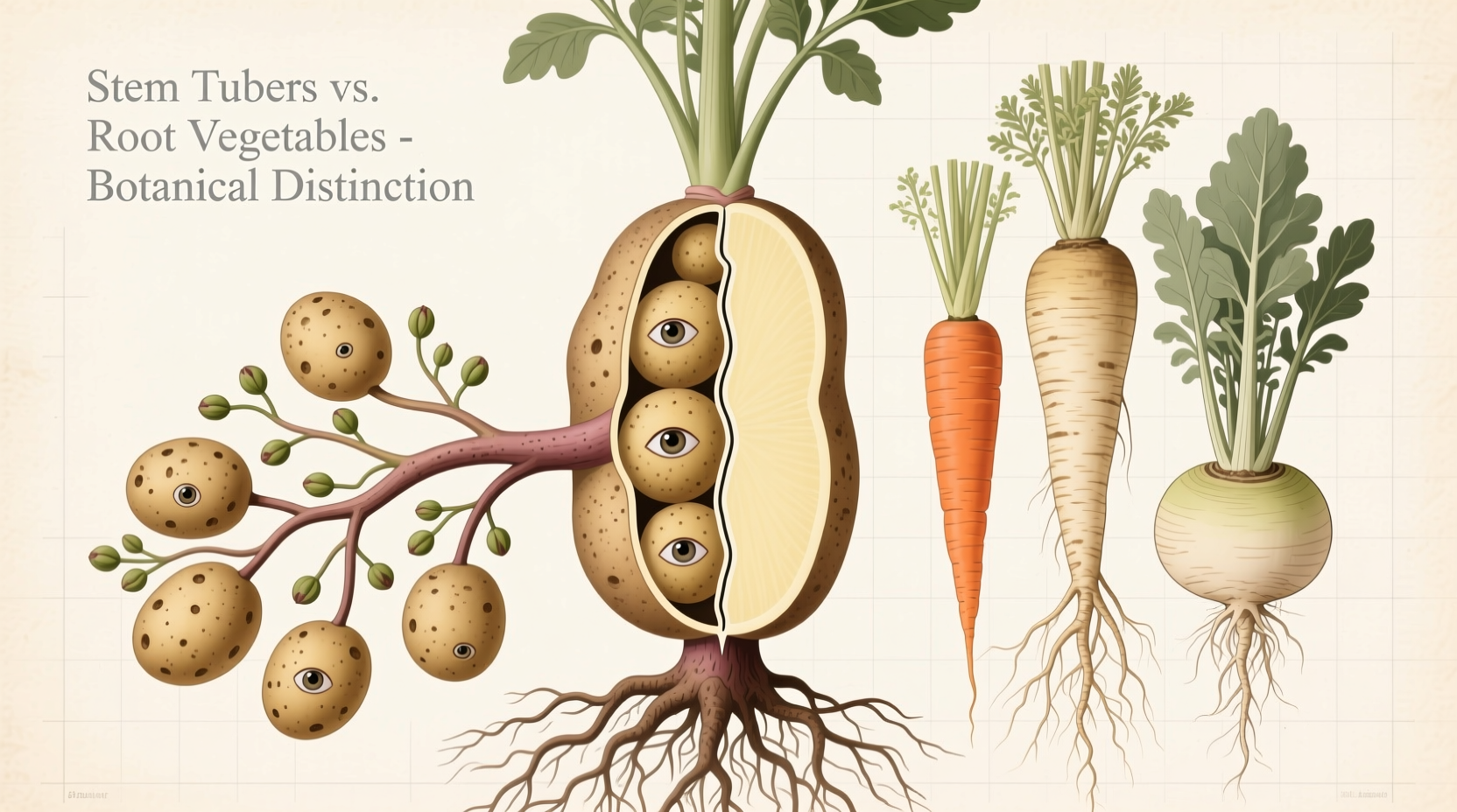 Potato plant showing stem tubers versus root vegetables