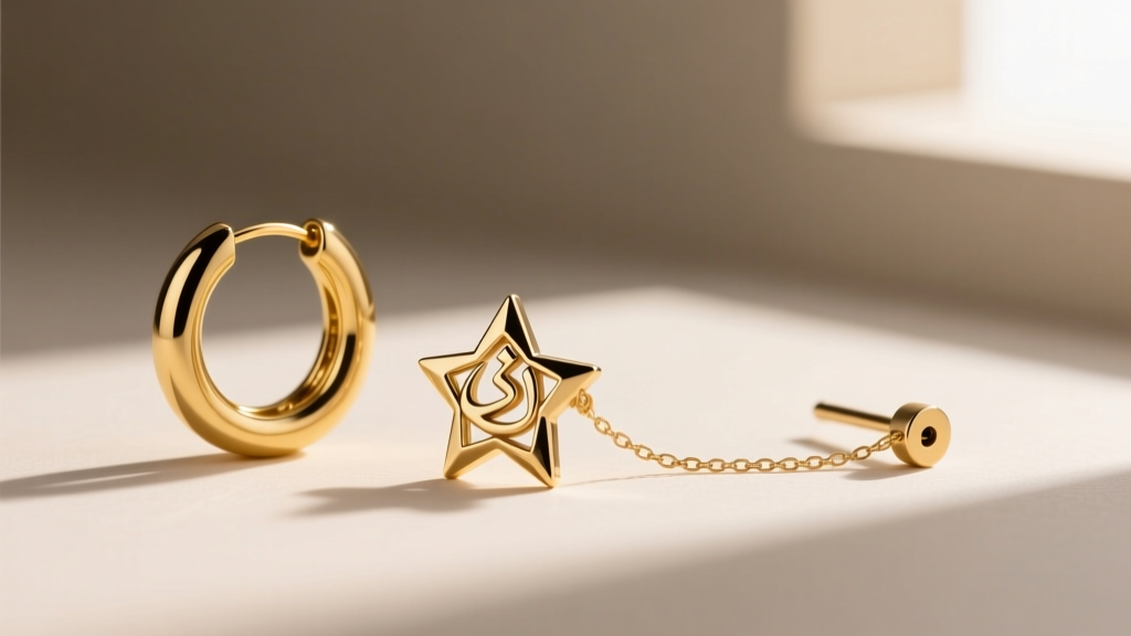 Curated ear setup showing a gold huggie, an Arabic geometric star stud, and a delicate chain connecting to a small tragus cuff.