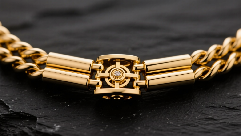 Close-up of a polished 14k gold-filled multi-strand tube necklace connector clasp on dark slate, soft studio lighting, macro lens.