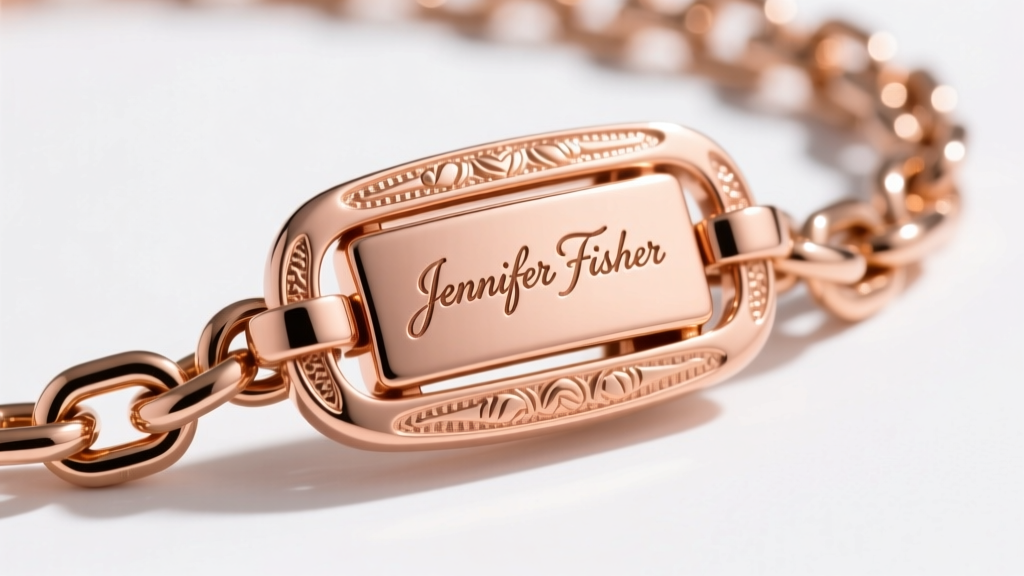 Macro shot of a heavy 14k rose gold Jennifer Fisher lobster clasp with brand engraving, attached to a thick rolo chain link