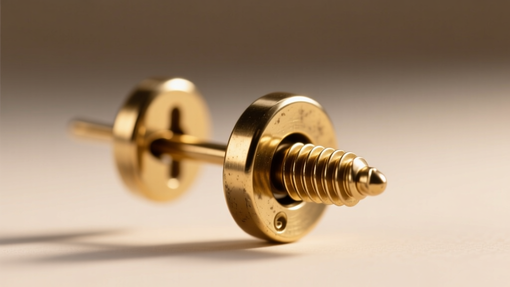 Macro close-up of a vintage screw-back clip earring mechanism showing the threaded post and tension pad in polished brass metal.