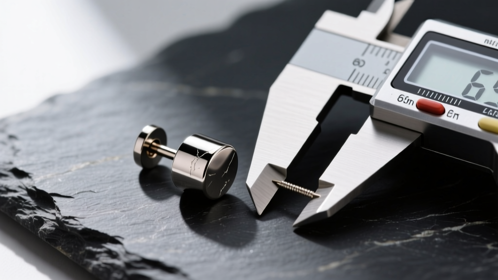 Close-up of a polished 6.5mm titanium plug earring resting on dark slate next to a digital caliper measuring its exact thickness.