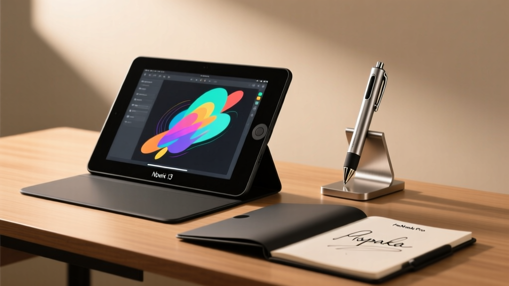 Desk setup featuring the Wacom Movink 13 OLED tablet, a 3Doodler pen, and a reMarkable Paper Pro under warm bias lighting.