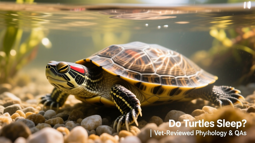 A relaxed red-eared slider turtle resting underwater with eyes closed, partially buried in smooth gravel