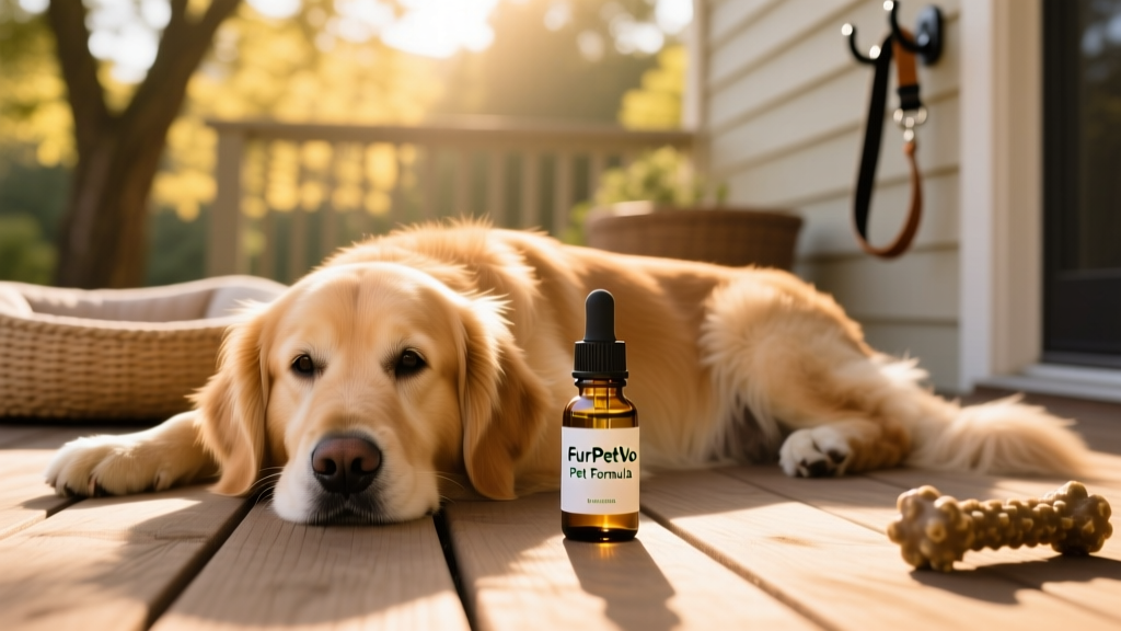A calm dog resting beside a small dropper bottle of CBD oil labeled 'FurPetVo Pet Formula'