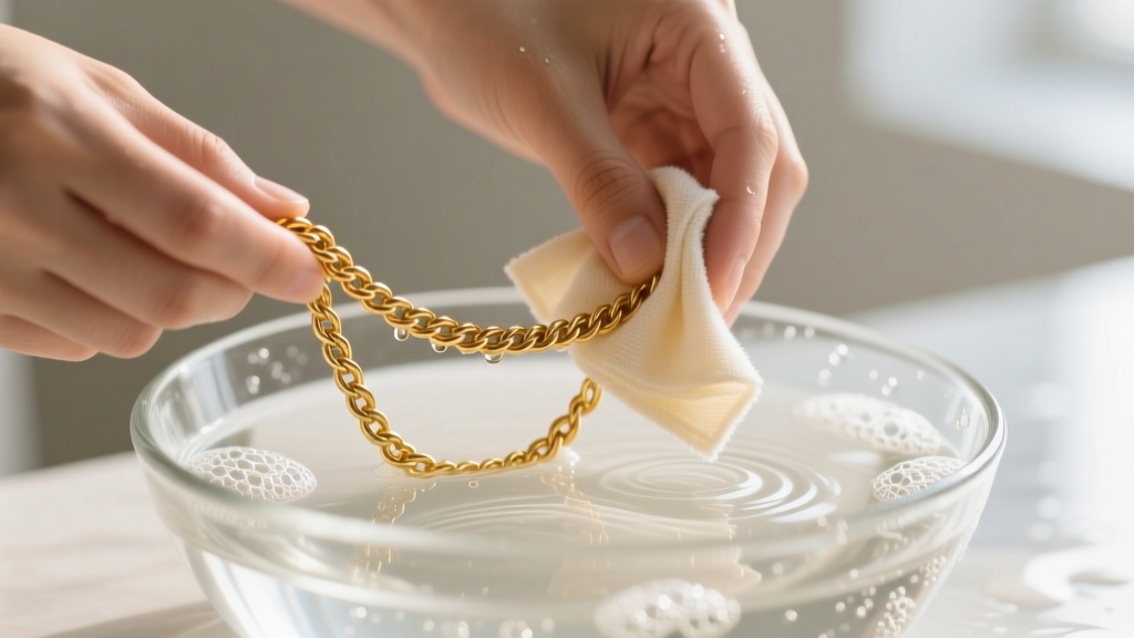 Hands gently wiping a delicate gold-plated zinc alloy rope chain with a damp microfiber cloth over a glass bowl of soapy water.
