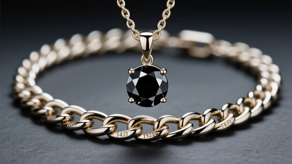 Close-up of a 14k white gold Cuban chain with a 2-carat round black diamond pendant on dark slate under moody studio lighting.